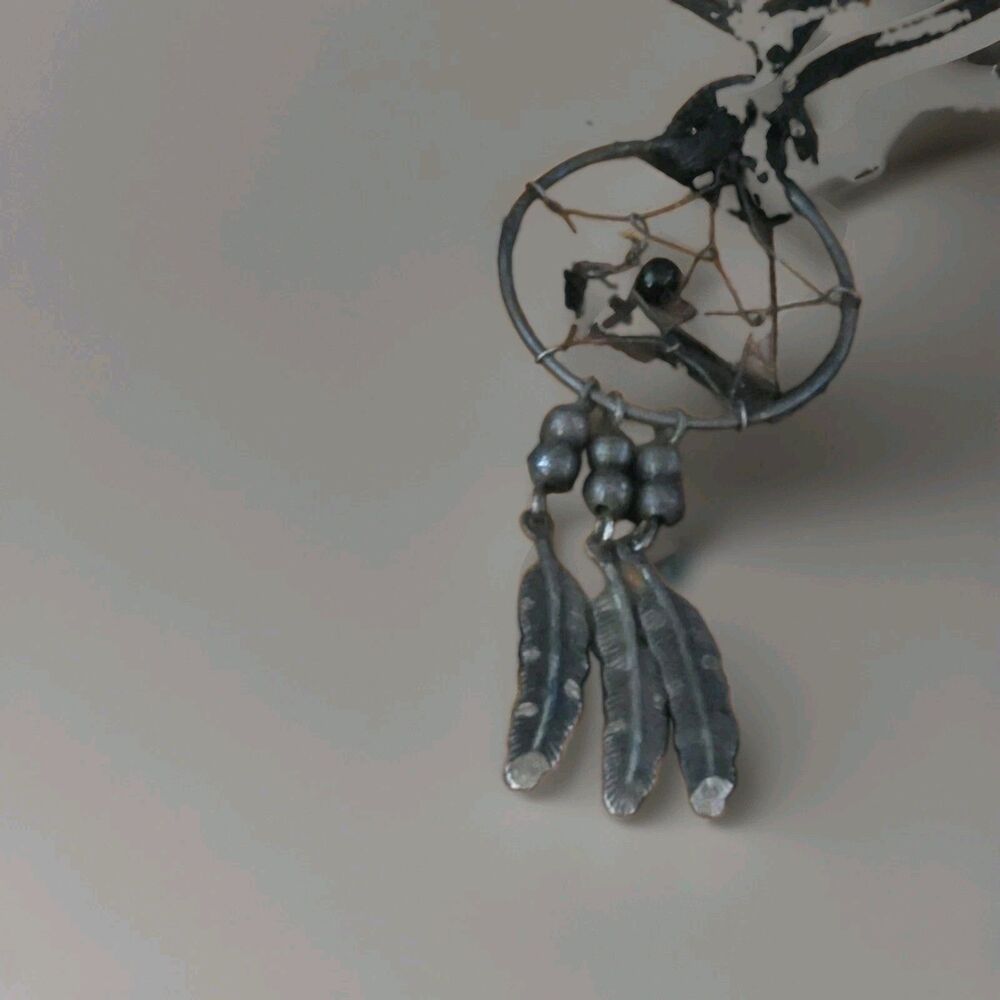 Vintage Silver Tone Dreamcatcher Pendant Necklace Black Cord 3 Feathers Boho